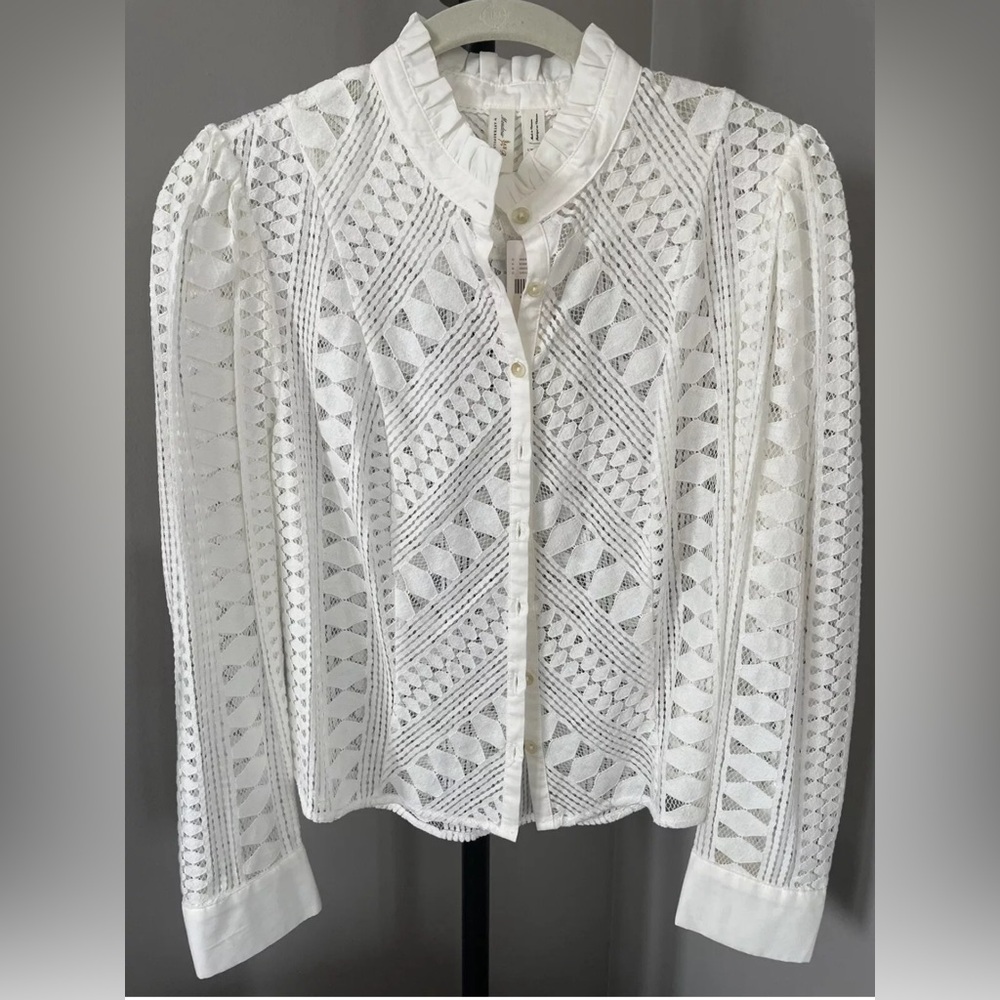 Anthropologie Lace Button Down Top Ivory Geometric Blouse Size 8